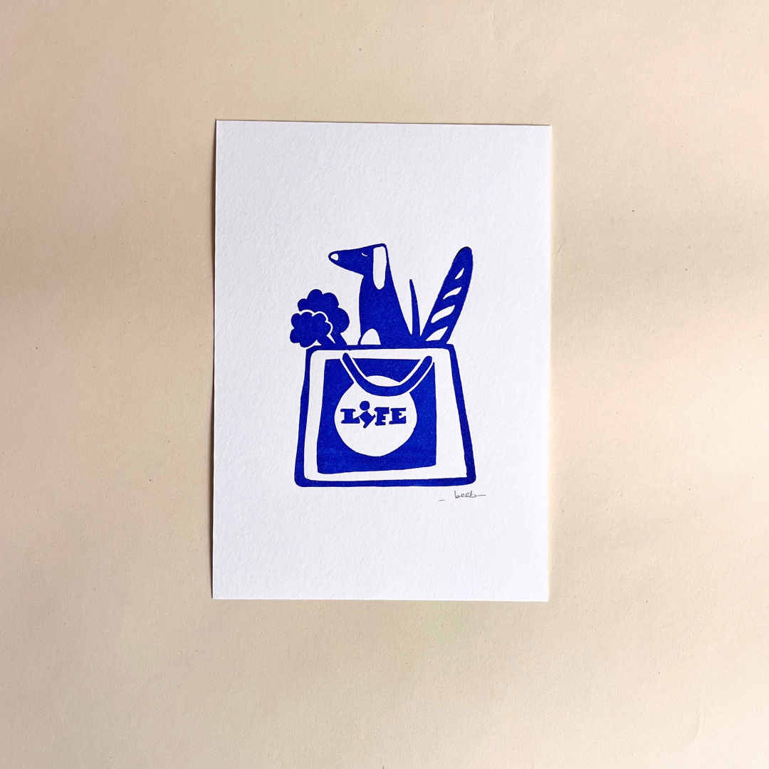 Linogravure 15 cm x 21 cm (A5) - sac de vie chien